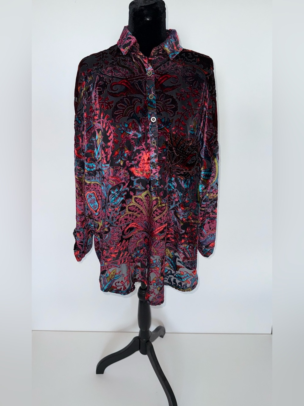 Adore Burnout Velvet Paisley Button Down Tunic Blouse XL Boho